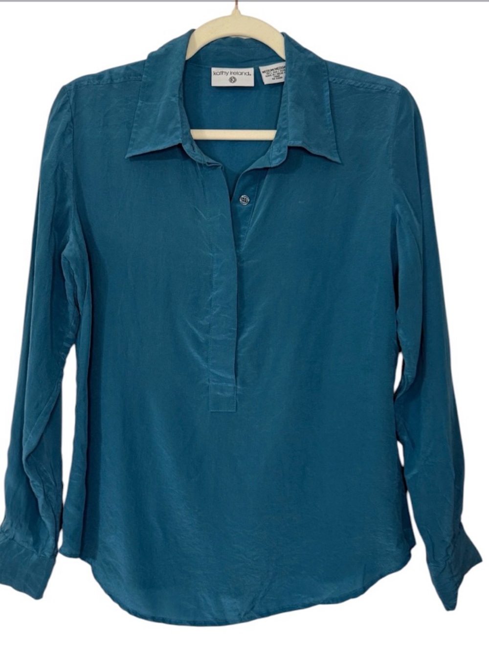 Kathy Ireland Teal 100% Silk Button-Front‎ Long-Sleeve Blouse Size Medium